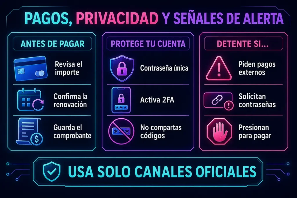 Checklist de pagos, privacidad y señales de alerta en páginas de cams