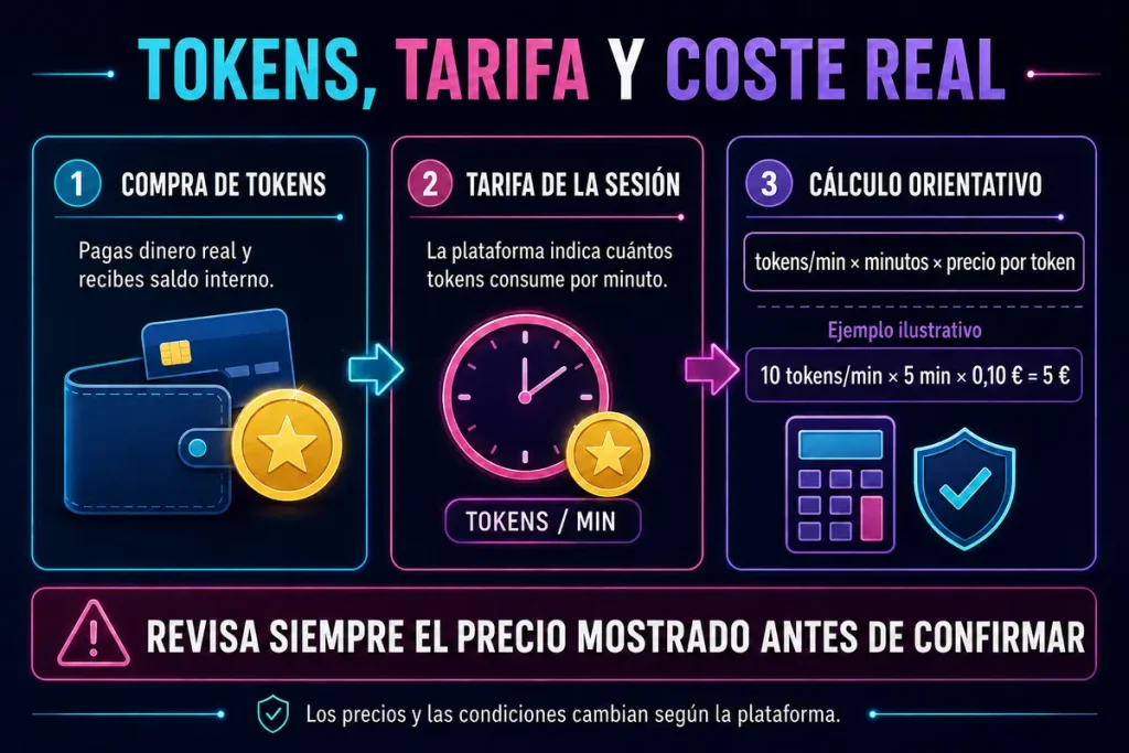 Infografía sobre tokens, tarifa por minuto y cálculo del coste real en páginas de cams