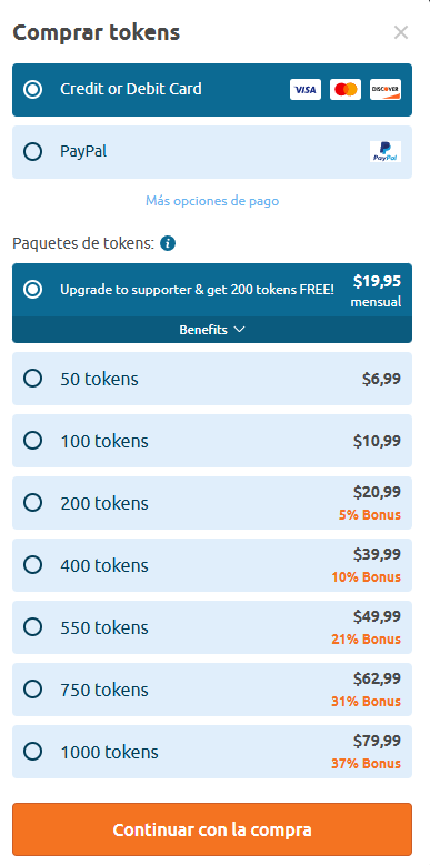 Paquetes y precios de tokens mostrados por Chaturbate en agosto de 2026.