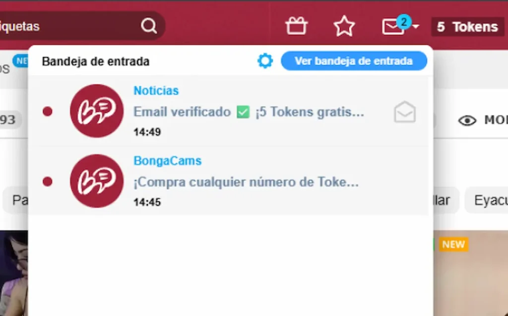 Saldo de cinco tokens en BongaCams después de verificar el correo electrónico.