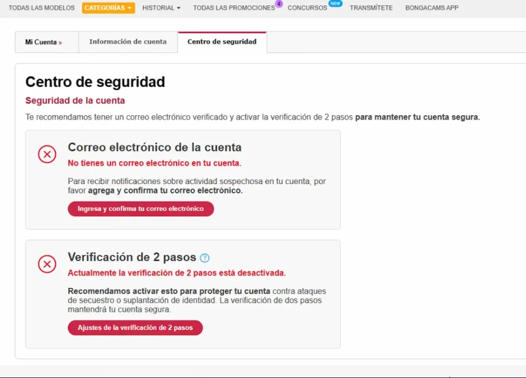 Centro de seguridad de BongaCams con verificación del correo y autenticación en dos pasos.