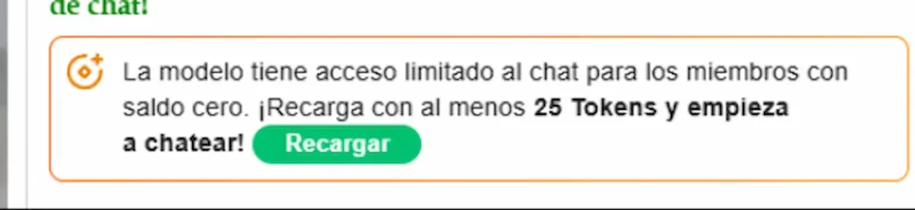 Aviso de BongaCams sobre una sala con chat limitado para miembros con saldo cero.