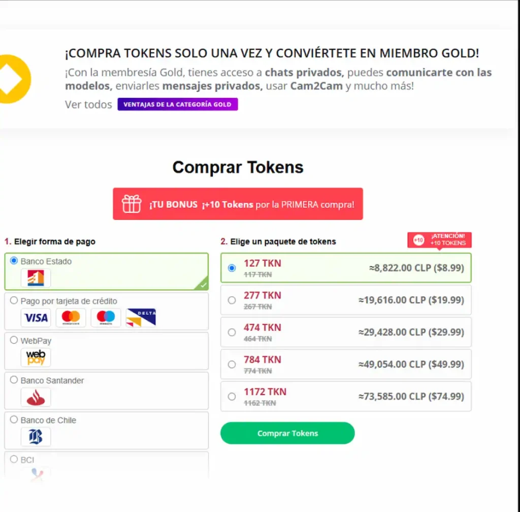 Paquetes y precios de tokens de BongaCams mostrados para una cuenta localizada en Chile.
