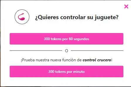 Ventana de CamSoda para controlar el juguete de la modelo por 300 tokens
