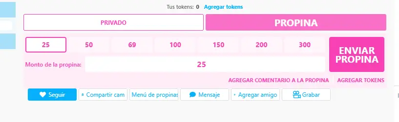 Panel de propinas de CamSoda con montos de 25 a 300 tokens y botones de privado, seguir y grabar