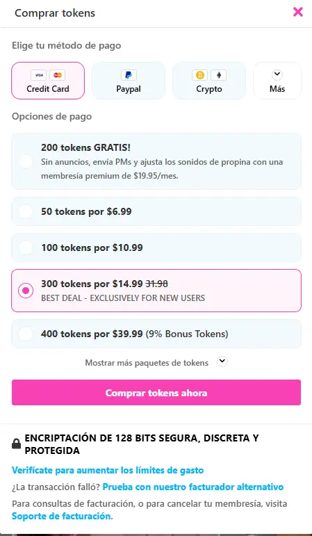 Pantalla de compra de tokens de CamSoda con paquetes, precios y medios de pago