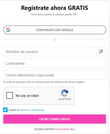 Formulario de registro gratuito de CamSoda con Google o usuario y contraseña, correo opcional