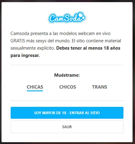 Verificación de edad de CamSoda en español con opción de chicas, chicos o trans