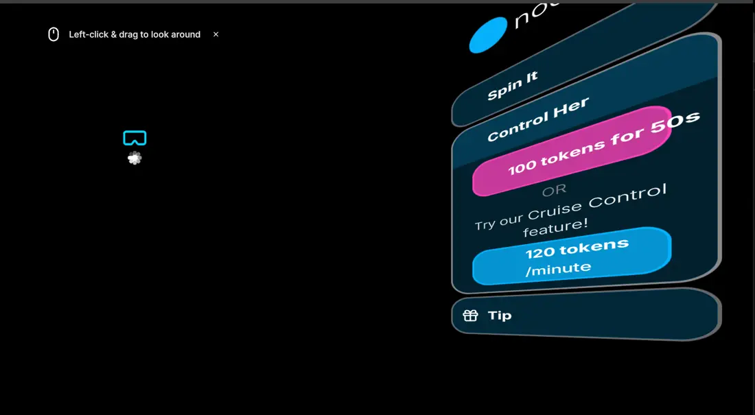 Menú de la experiencia VR de CamSoda con opciones de propina y control por tokens