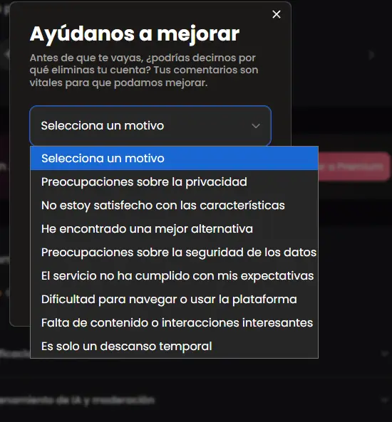 Motivos que pide Candy.ai al eliminar la cuenta