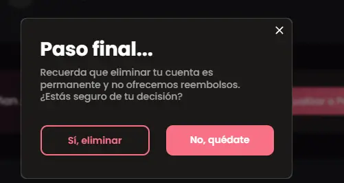 Aviso final de Candy.ai: eliminar la cuenta es permanente y no hay reembolsos