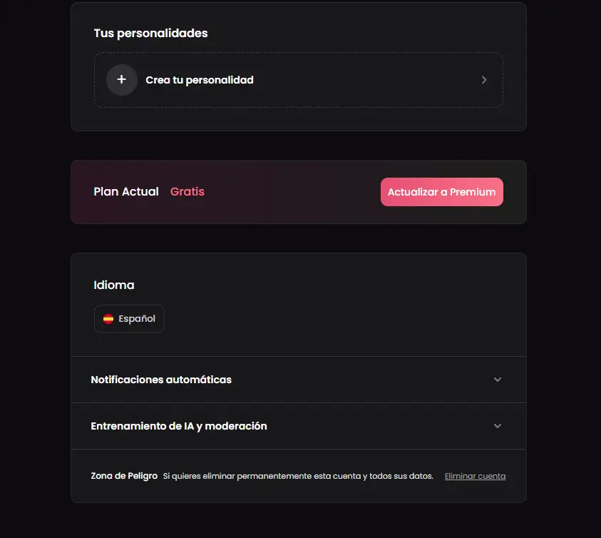 Perfil de Candy.ai con plan gratis, idioma español y opción Eliminar cuenta