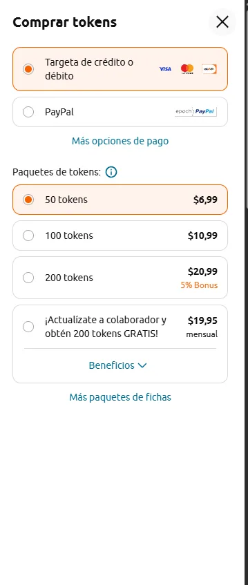 Ventana de compra de tokens de Chaturbate con la membresía de colaborador a 19,95 dólares al mes