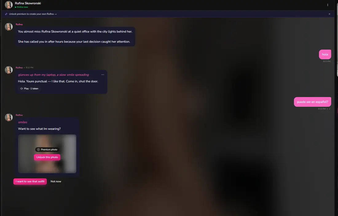 Prueba del chat de Dondi.ai: el personaje responde en inglés y ofrece una foto bloqueada