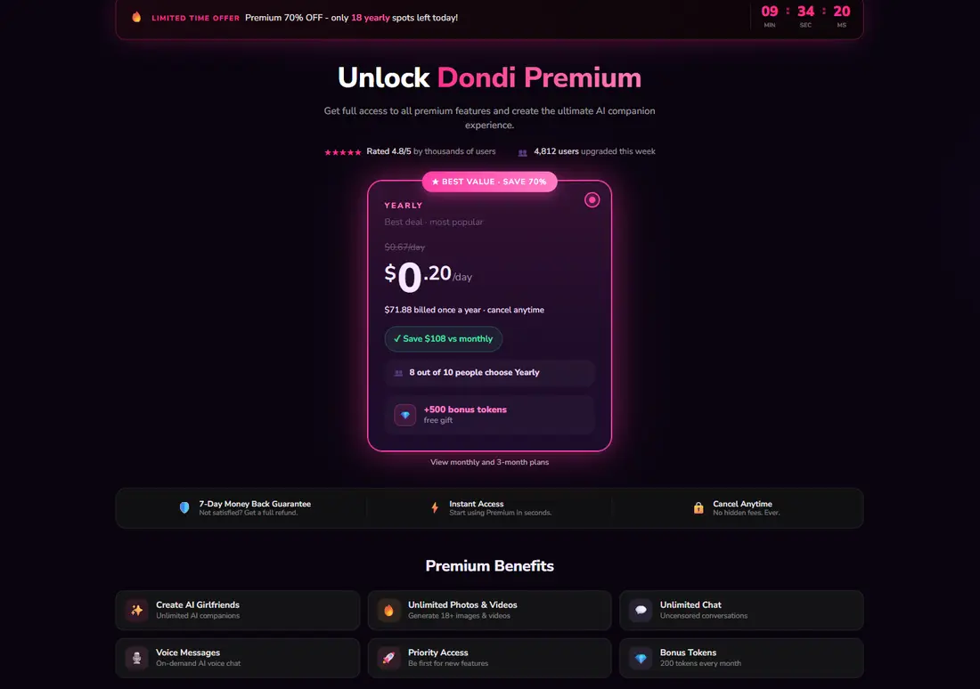 Planes de Dondi Premium: anual a US$71,88 con 500 tokens de bono