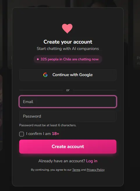 Formulario de registro de Dondi.ai con Google o correo y casilla de mayor de 18