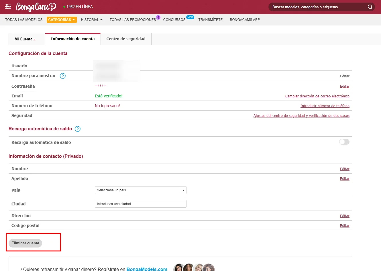 Información de cuenta de BongaCams con el botón Eliminar cuenta