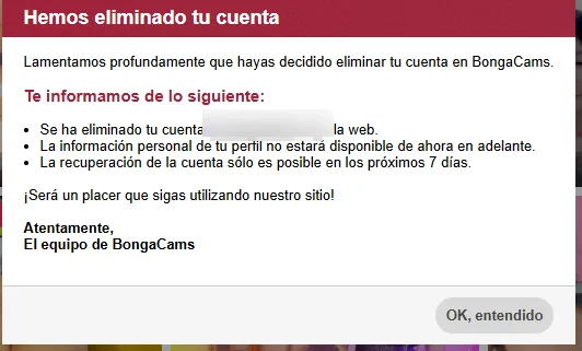 Confirmación de BongaCams: cuenta eliminada con recuperación posible durante 7 días