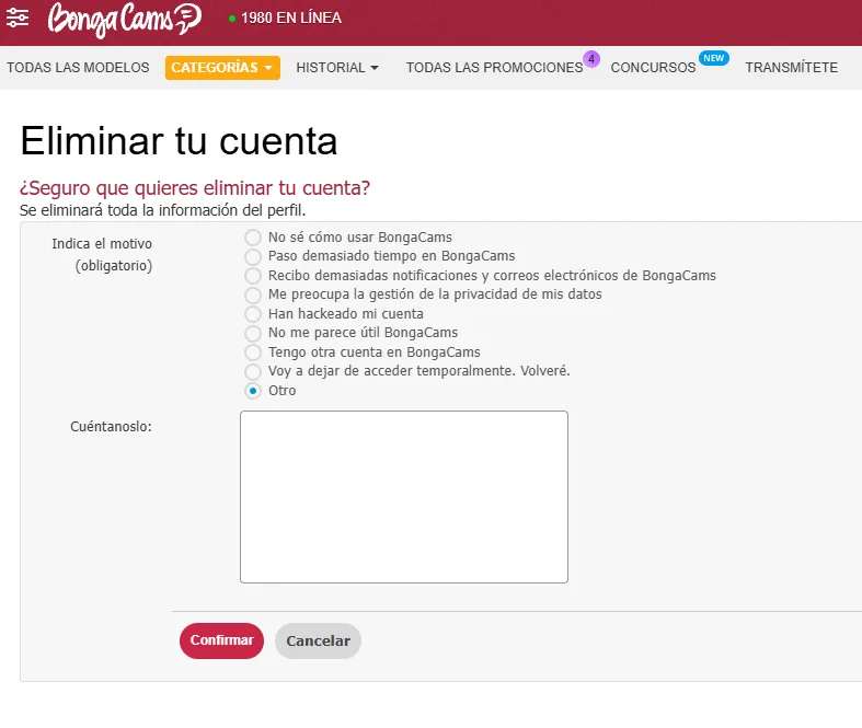 Formulario de BongaCams para indicar el motivo de eliminar la cuenta