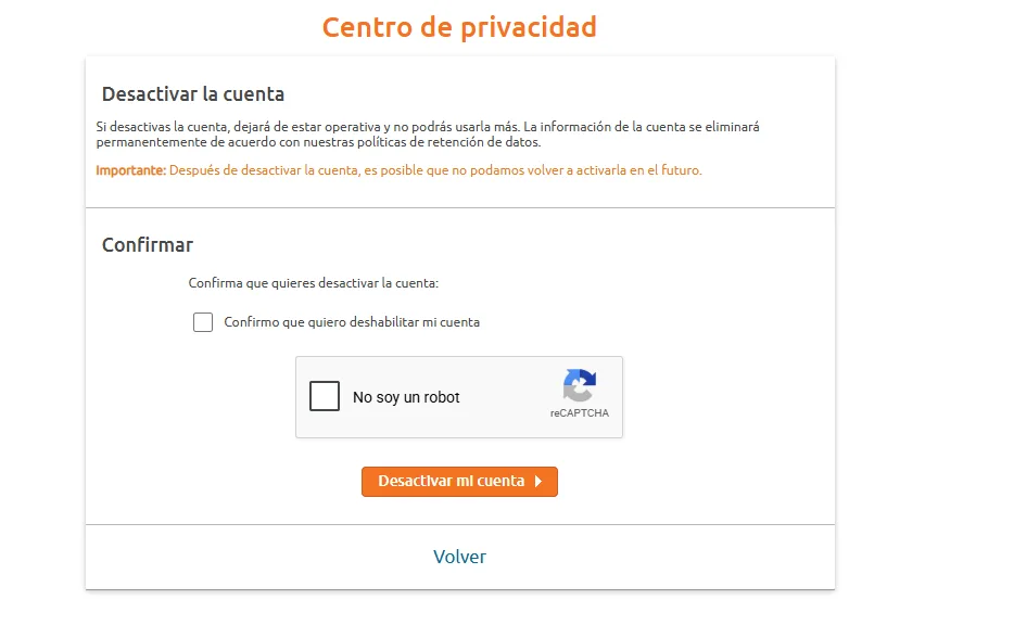 Centro de privacidad de Chaturbate con la opción Desactivar la cuenta
