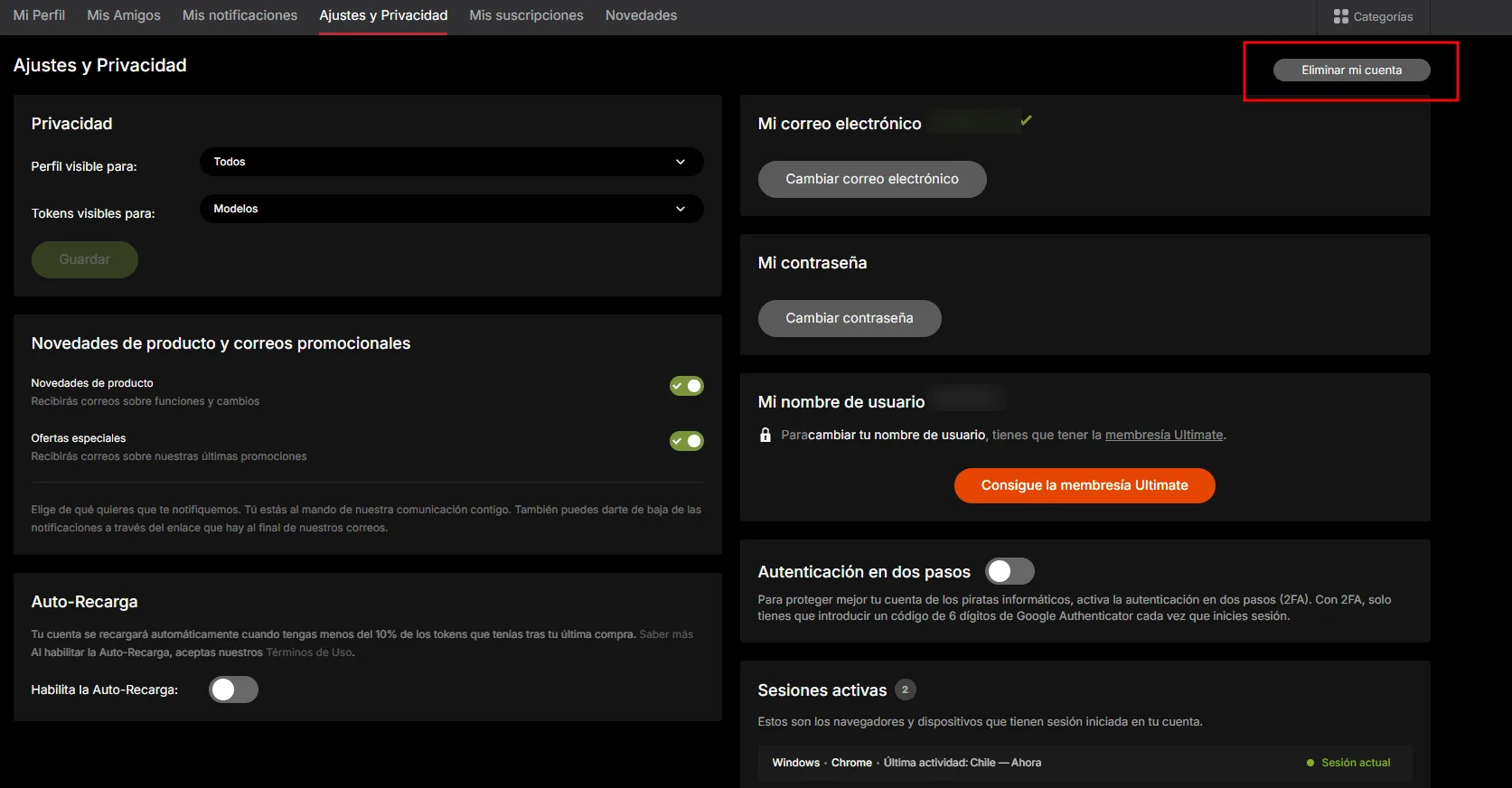 Ajustes y Privacidad de Stripchat con el botón Eliminar mi cuenta
