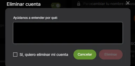 Ventana de Stripchat para confirmar la eliminación de la cuenta