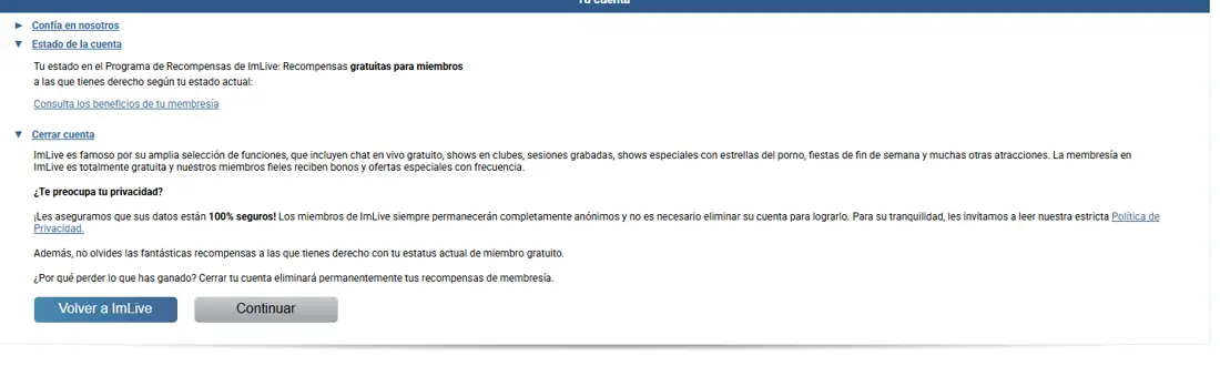 Opción Close Account de ImLive para cerrar la cuenta