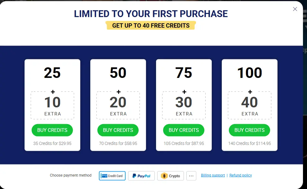 Paquetes de créditos de ImLive para la primera compra: de 35 créditos por 29,95 dólares a 140 por 114,95