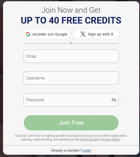 Registro en ImLive con Google, X o correo y hasta 40 créditos gratis