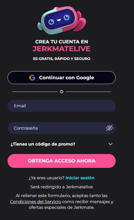 Formulario de registro gratuito de Jerkmate con Google o correo