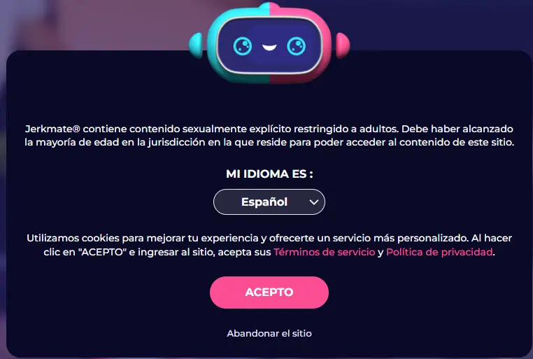 Verificación de edad de Jerkmate con selección de idioma en español