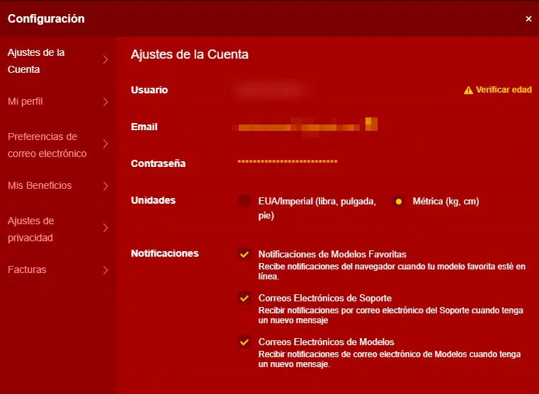 Ajustes de la cuenta de LiveJasmin sin opción para eliminar la cuenta