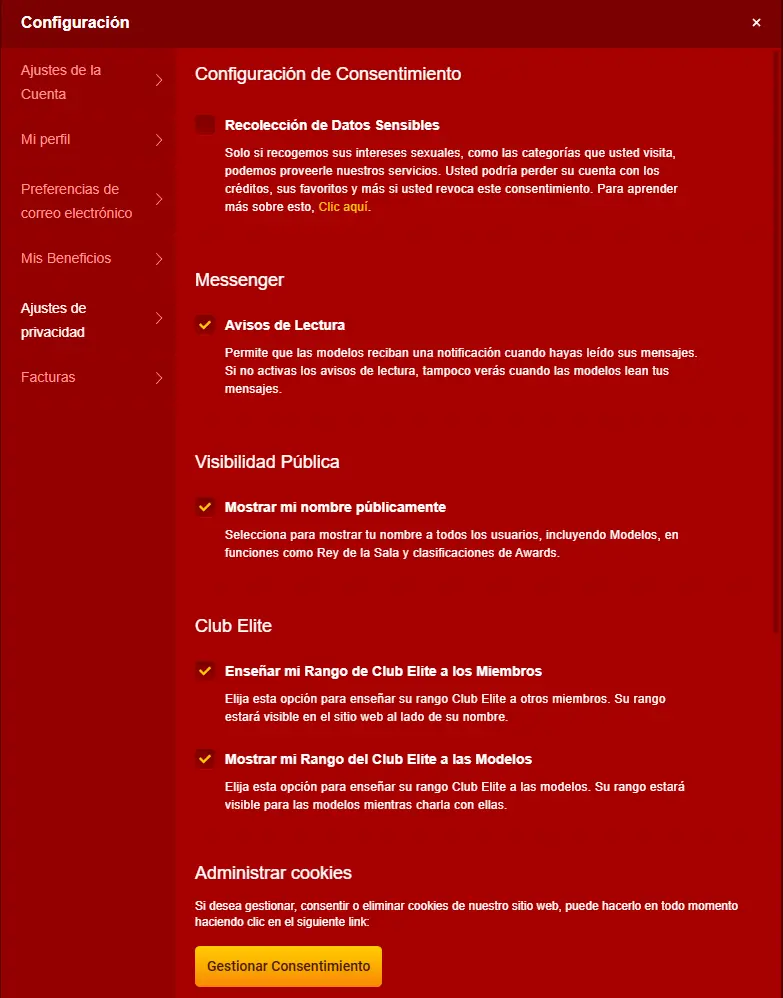 Ajustes de privacidad de LiveJasmin: datos sensibles, nombre público y rango visible