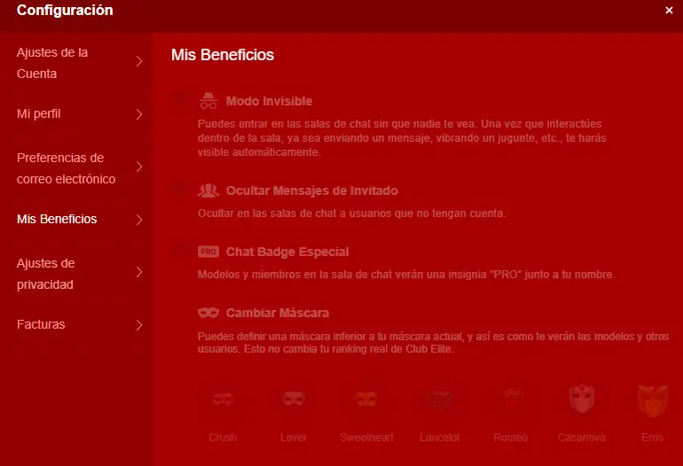 Beneficios PRO de LiveJasmin: modo invisible, ocultar invitados e insignia