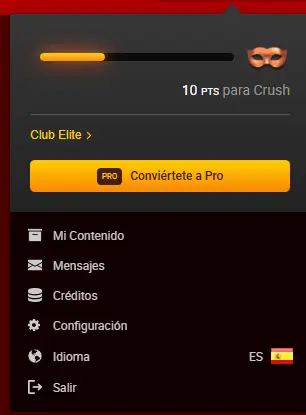 Menú de cuenta de LiveJasmin con Club Elite, PRO, créditos y configuración