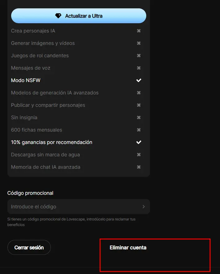 Ajustes de Lovescape con los beneficios del plan y el botón Eliminar cuenta