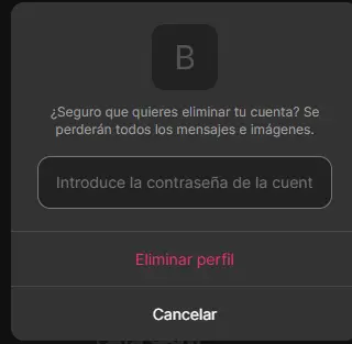 Ventana de Lovescape que pide la contraseña para eliminar el perfil