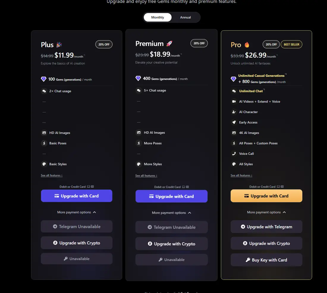 Precios de Promptchan con 20 % de descuento y métodos de pago con tarjeta, cripto y Telegram