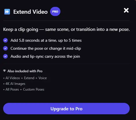 Función Extender vídeo de Promptchan, exclusiva del plan Pro