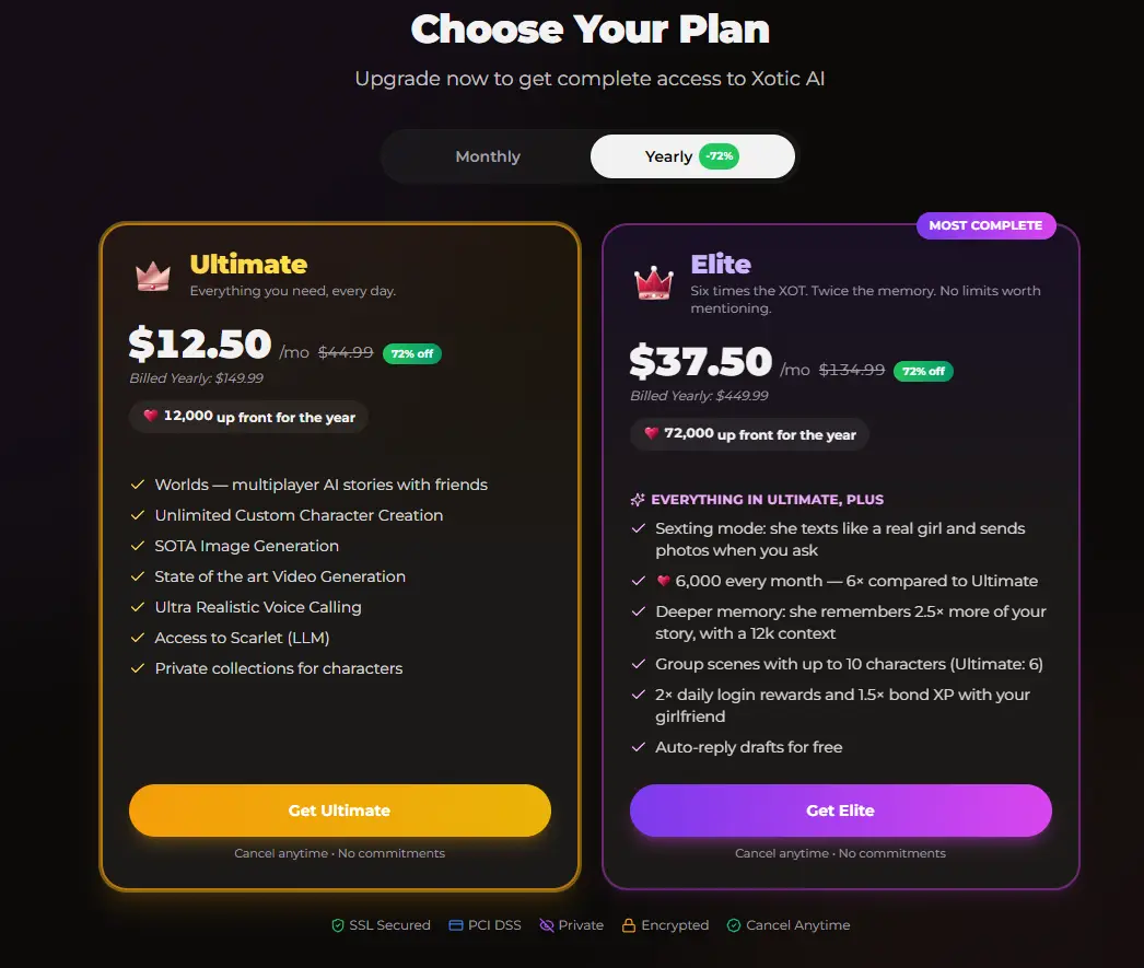 Precios anuales de Xotic AI: Ultimate 12,50 dólares al mes y Elite 37,50