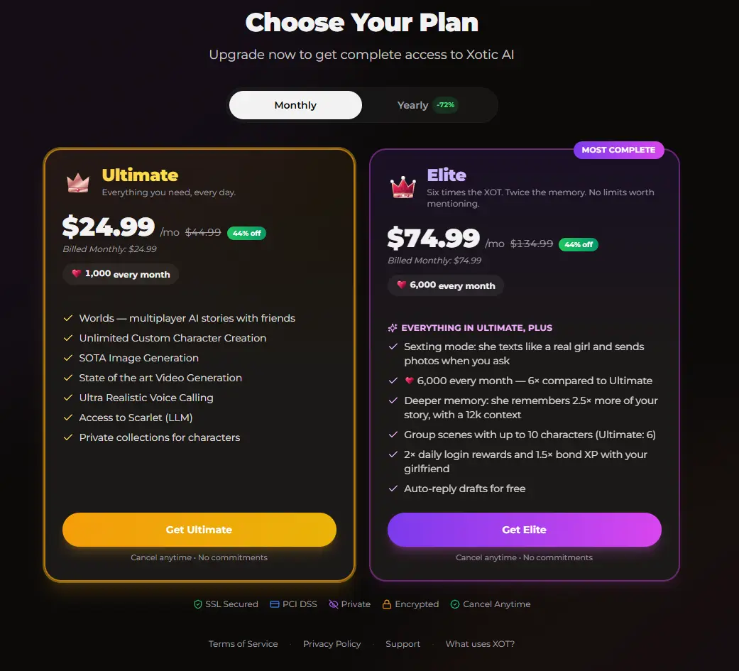 Precios mensuales de Xotic AI: Ultimate 24,99 dólares y Elite 74,99