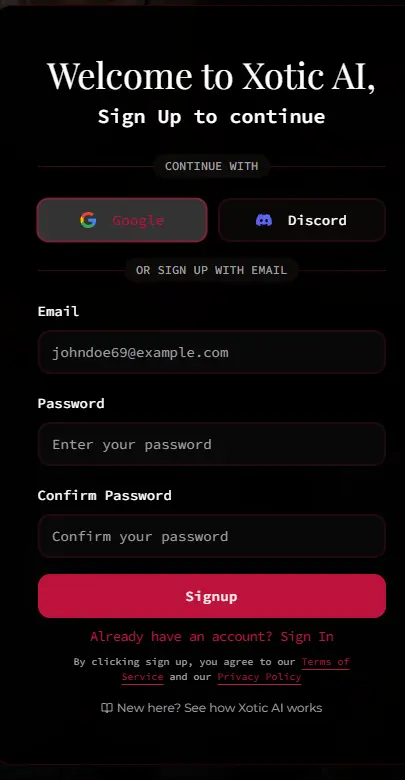 Registro en Xotic AI con Google, Discord o correo
