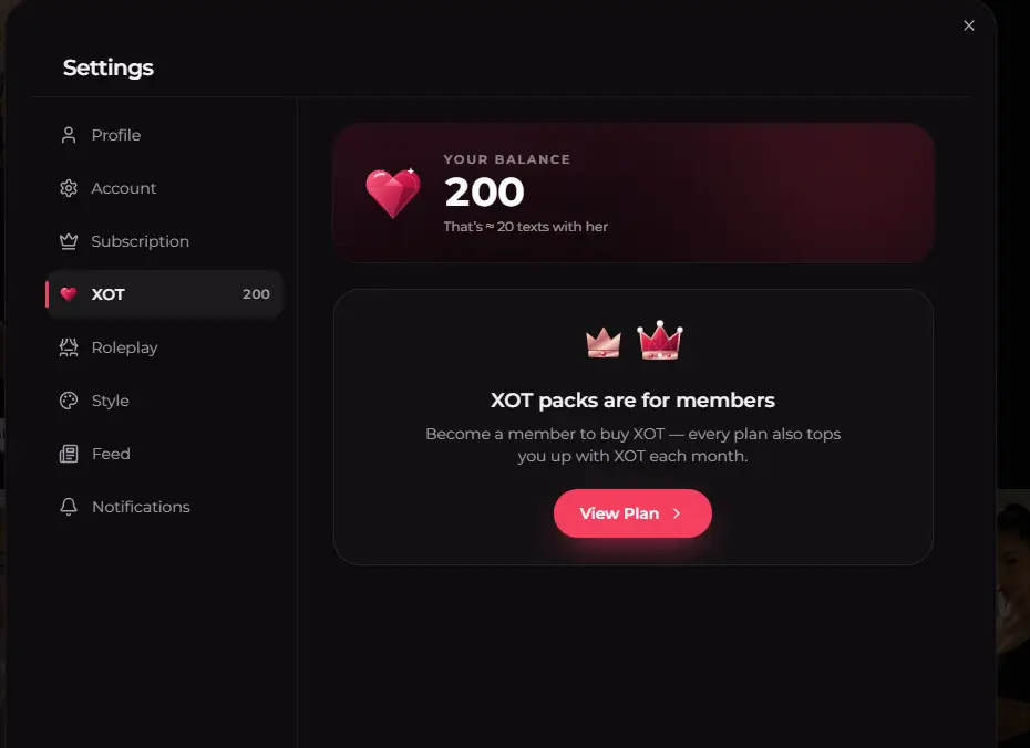 Saldo inicial de 200 XOT en Xotic AI, unos 20 mensajes